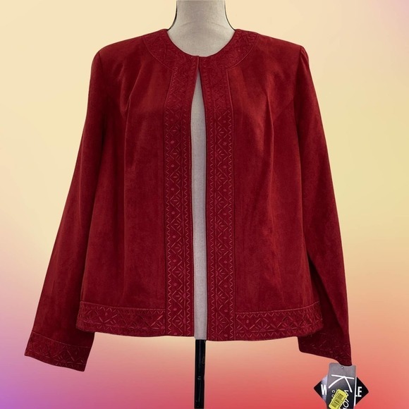 K Woman Red Faux Suede Embellished Open Jacket - Picture 12 of 12